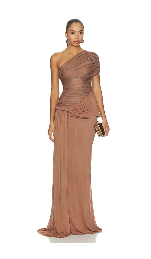 MISHA ROBE MAXI INTERWOVEN  en Brown. Taille XXS. Also en XS, S, M, L, XL.