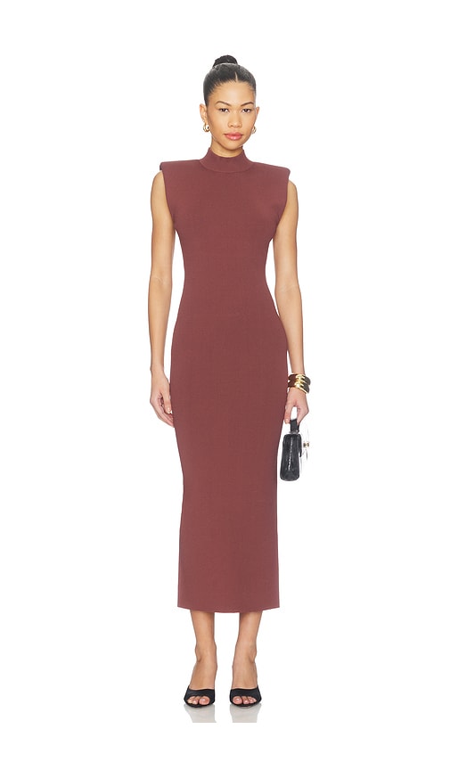 Misha Padded Shoulder Knit Dress In Chocolate
