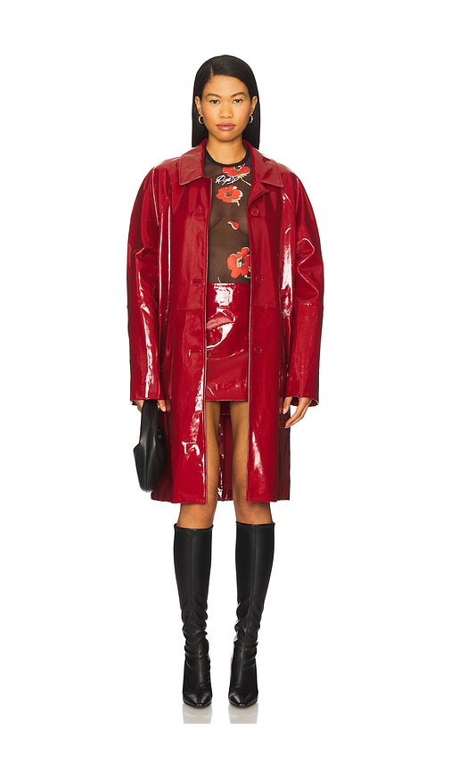 Moschino Leather Long Overcoat In Red
