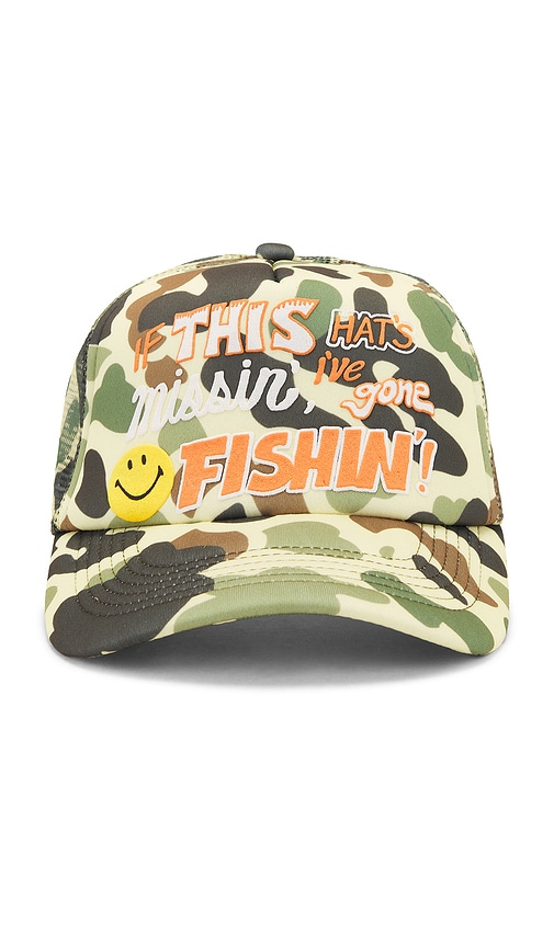 Shop Market Smiley Camo Trucker Hat In Army,yellow