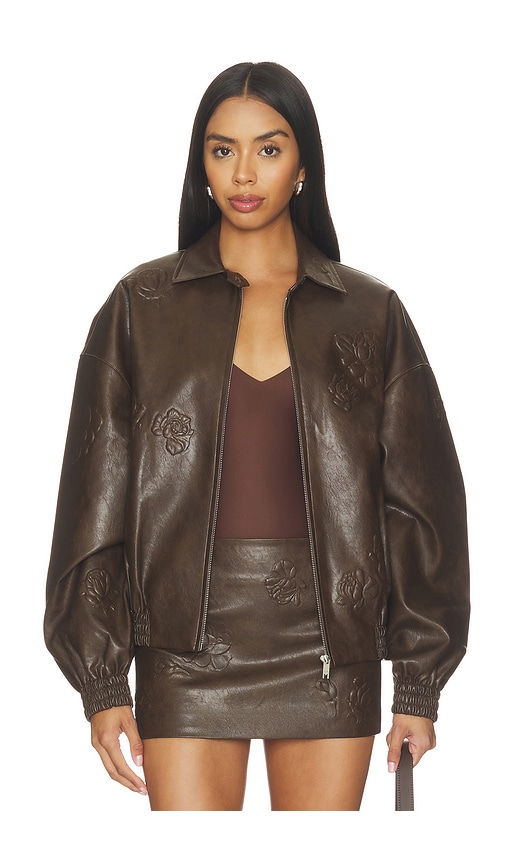 Markgong Faux Leather Floral Imprinted Baseball Jacket