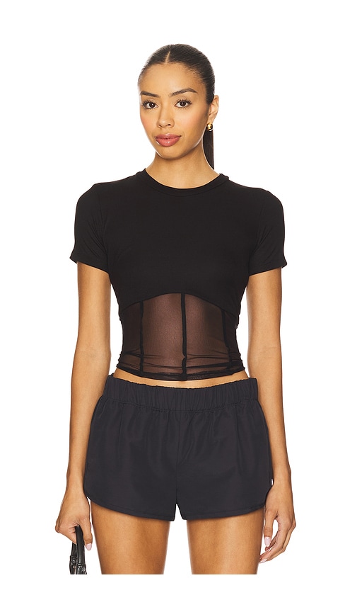 Ember Rib Mesh Corset Tee in Black. - size XS (also in L, M, S)