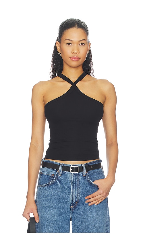 Michael Lauren Lynx Cross Front High Neck Tank in Black. - size L (also in M, S, XL, XS)