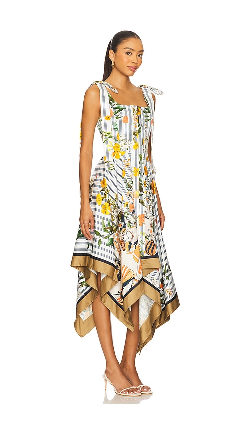 Shoulder Ties Printed Midi Dress in White,Blue. - size 6 (also in 2, 4)