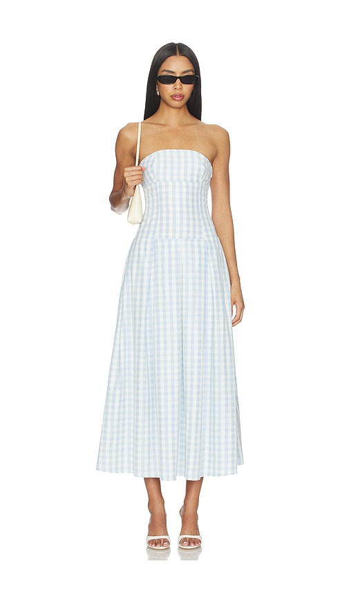 MORE TO COME Adley Strapless Maxi Dress in Blue Gingham | REVOLVE