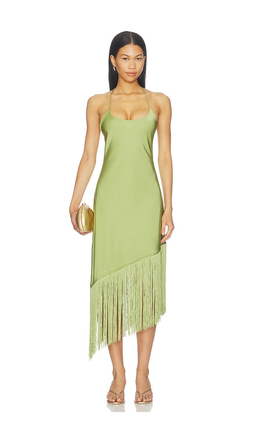 green gavin fringe midi dress MORE TO COME Natalina in Pear handcrafted beadwork mini