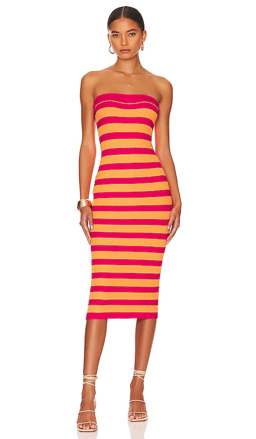 MORE TO COME Lesley Ribbed Strapless Dress in Pink & Orange