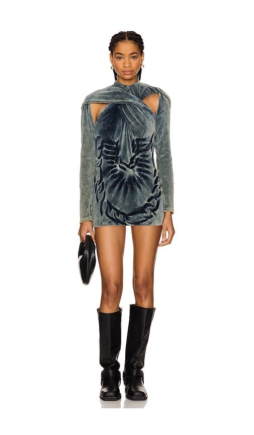 MASHA POPOVA TWISTED FRONT OPEN BACK PLUSH DRESS