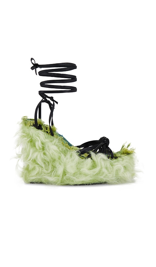 Masha Popova Sculpted Wedge Faux Fur Plush Knotted Sandals in Green