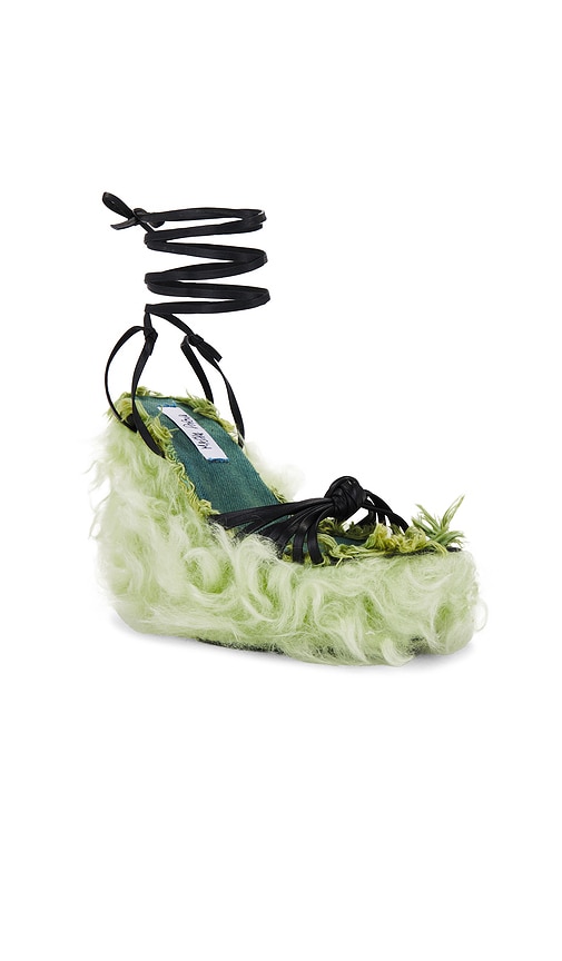 Masha Popova Sculpted Wedge Faux Fur Plush Knotted Sandals in Green