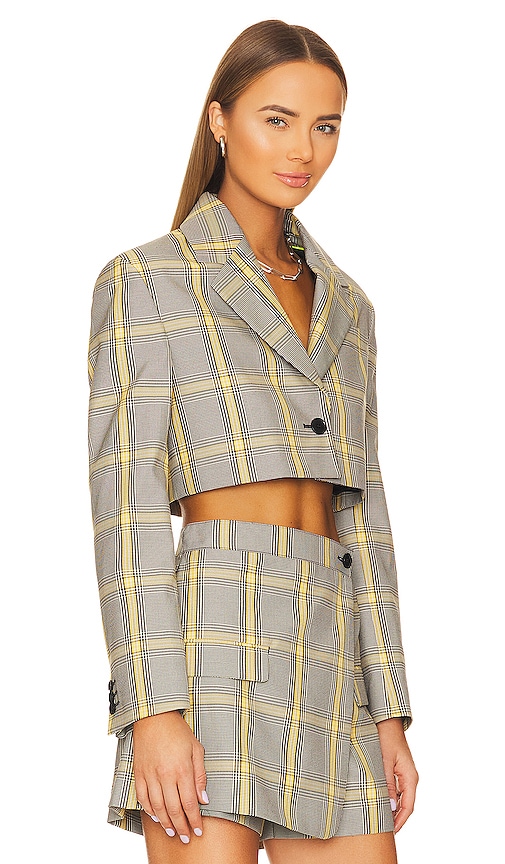 Shop Msgm Plaid Crop Blazer In Grey & Yellow
