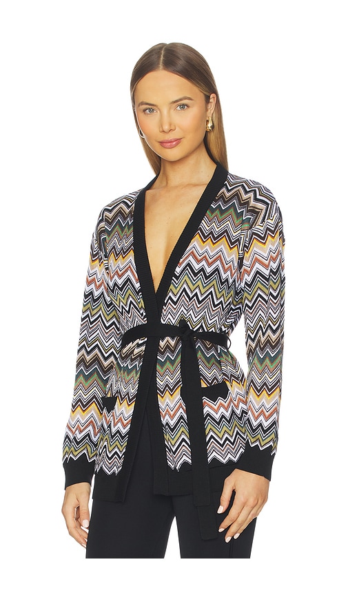 Missoni Relaxed Fit Cardigan With Belt And Chevron Pattern In Black