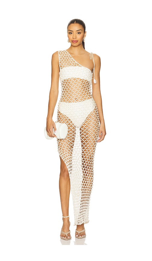 My Beachy Side Serene Hand Crochet Pearl Beaded One Shoulder Maxi Dress
