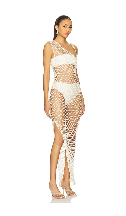 My Beachy Side Serene Hand Crochet Pearl Beaded One Shoulder Maxi Dress