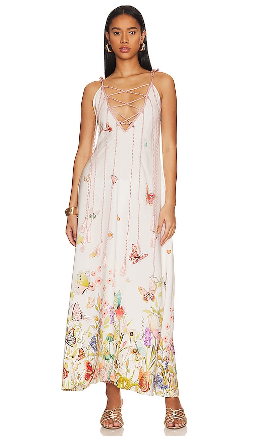 My Beachy Side Lace Up Maxi Dress in Snow White Printed