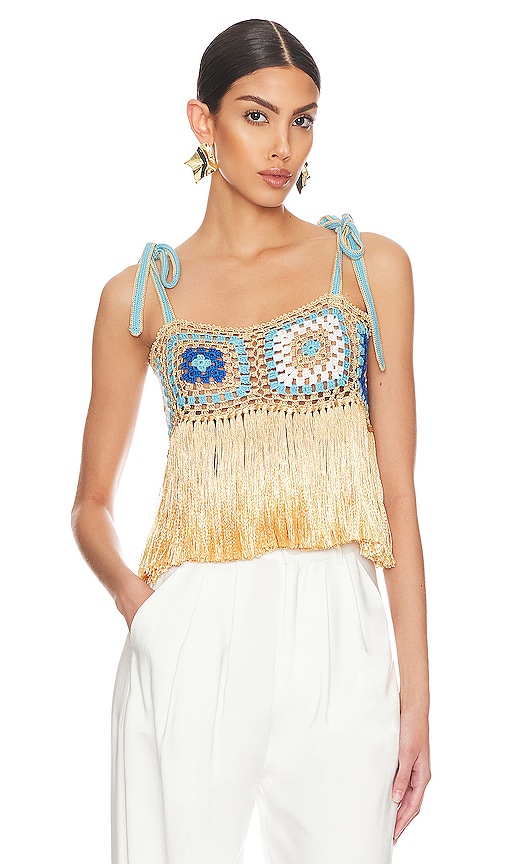 My Beachy Side Hand Crochet Patchwork Fringe Crop Top in Beige