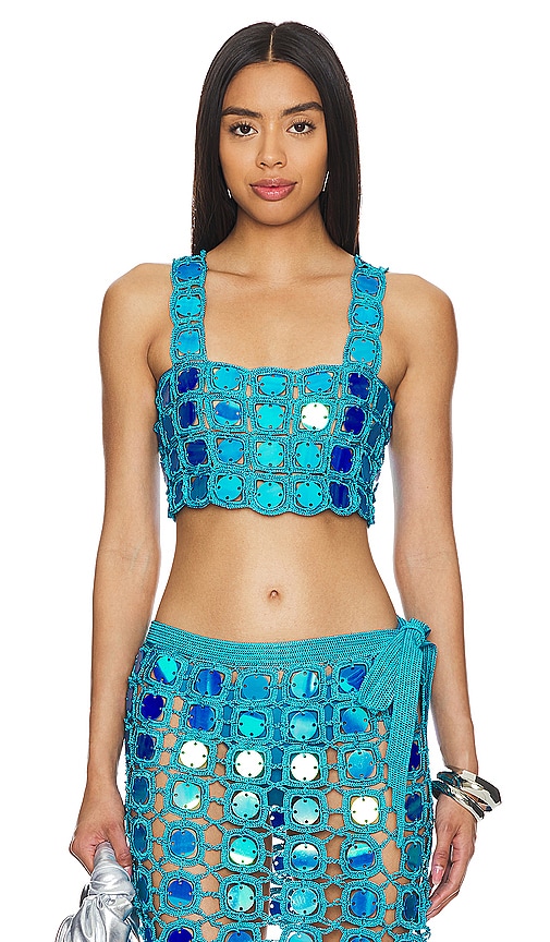 My Beachy Side Sequin Crop Top In Blue Shimmer