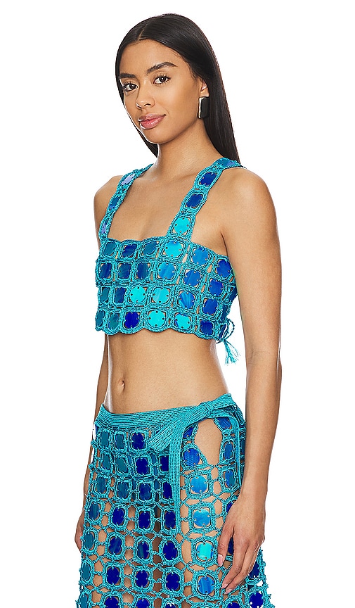 Shop My Beachy Side Sequin Crop Top In Blue Shimmer