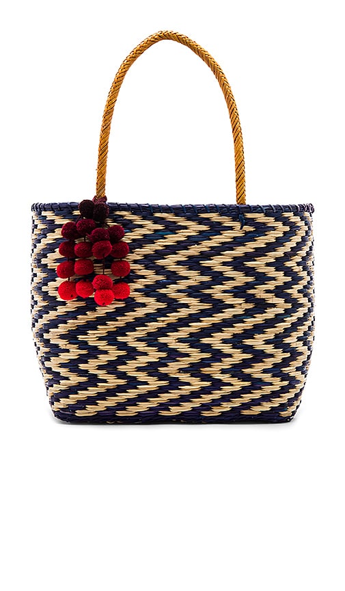 Blue Madagascar Cascade Red Pompom Tote