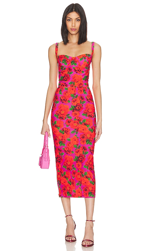New Arrivals Monqiue Rose Print Bodycon Midi Dress In Floral Pink