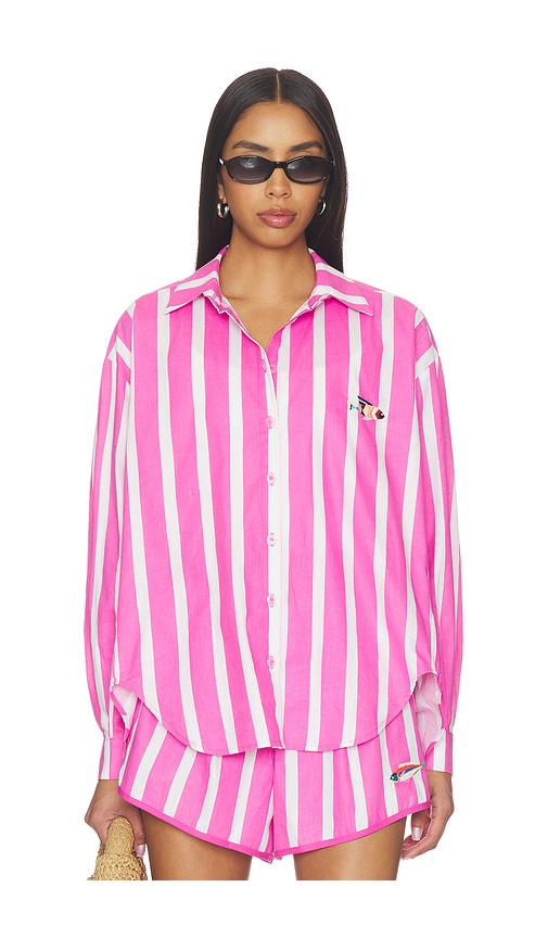 Striped Oxford Button Up by Nau Bikinis in Magenta