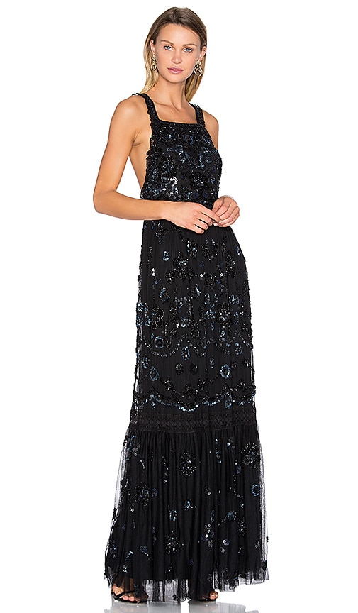 Needle & Thread Embellished Bib Gown in Black | REVOLVE