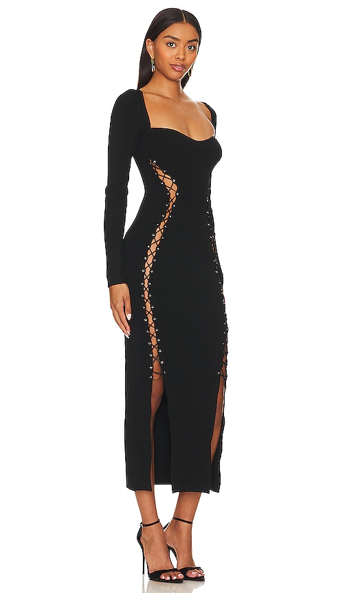 Shop Nicholas Arna Long Sleeve Lace Up Midi Dress In Black