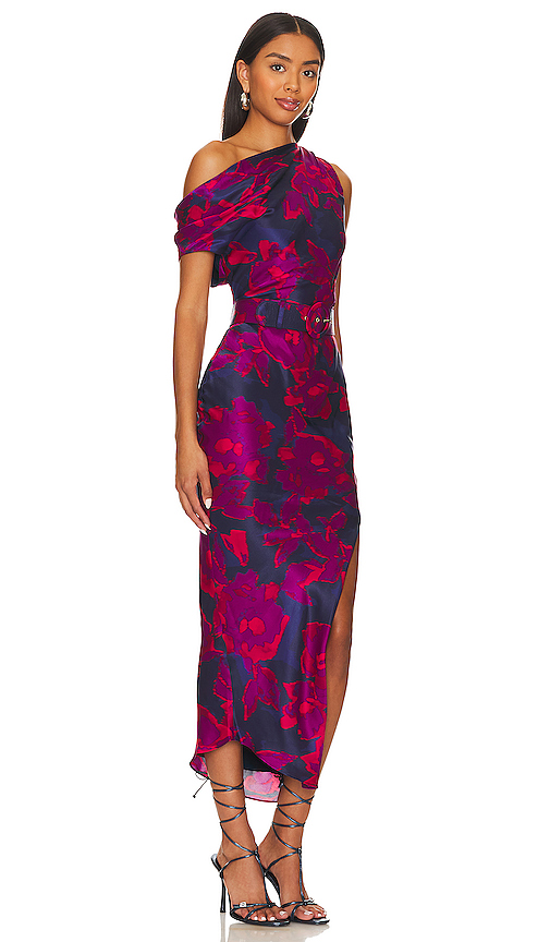 Shop Nicholas Calantha Off Shoulder Midi Dress In Magenta Blurred Floral Print