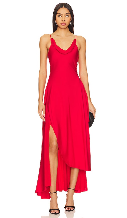 NICHOLAS Elsie Ruffle Slit Gown in Scarlet