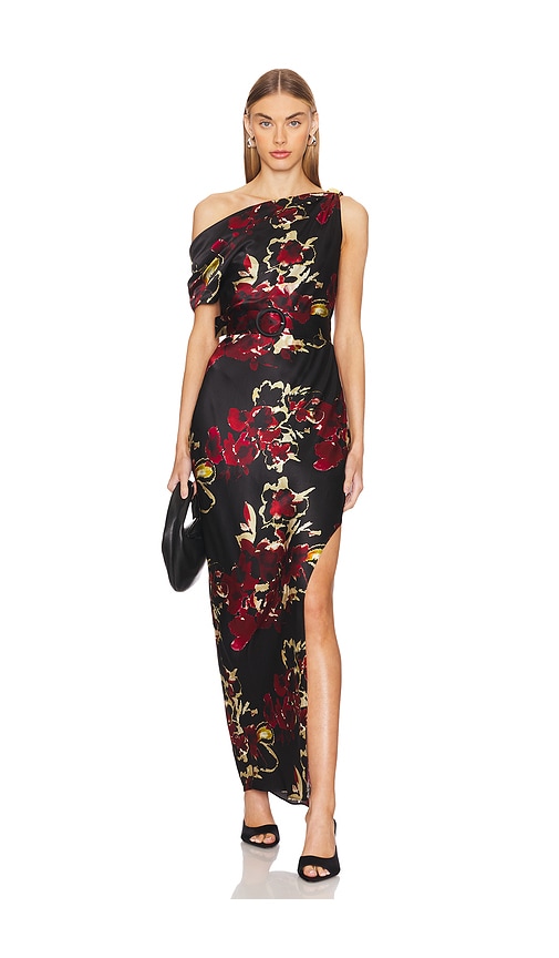 Shop Nicholas Halle Off Shoulder Midi Dress In Watercolor Floral Black