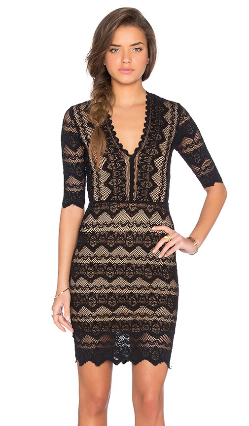 Nightcap Sierra Lace 3/4 Sleeve Deep V Dress in Black | REVOLVE