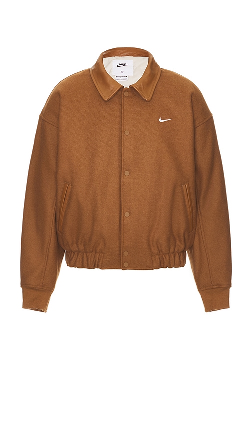 Nike M Nk Solo Wool Varsity Jacket in Light British Tan, Light Orewood Brown, & White