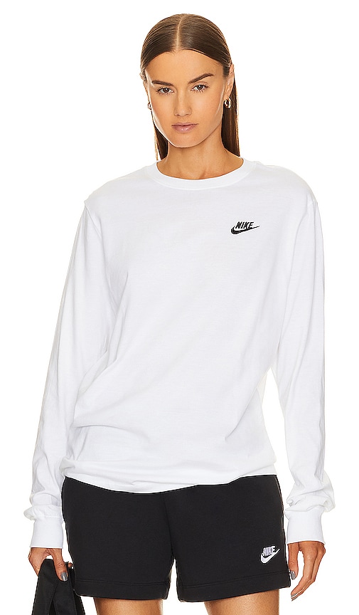 Nike NSW Club Tee Long Sleeve in White & Black | REVOLVE