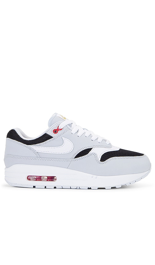Product image of Nike Air Max 1 Sneaker in Pure Platinum, White, Black, & Sport Red. Click to view full details