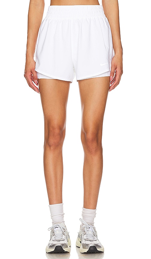 Nike One Dri-FIT High Waisted 2 in 1 Shorts in White & Reflective Silver
