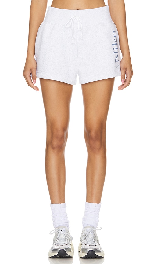 Shop Nike Phoenix High Rise Logo Short In Birch Heather  Ashen Slate  & Light Armo