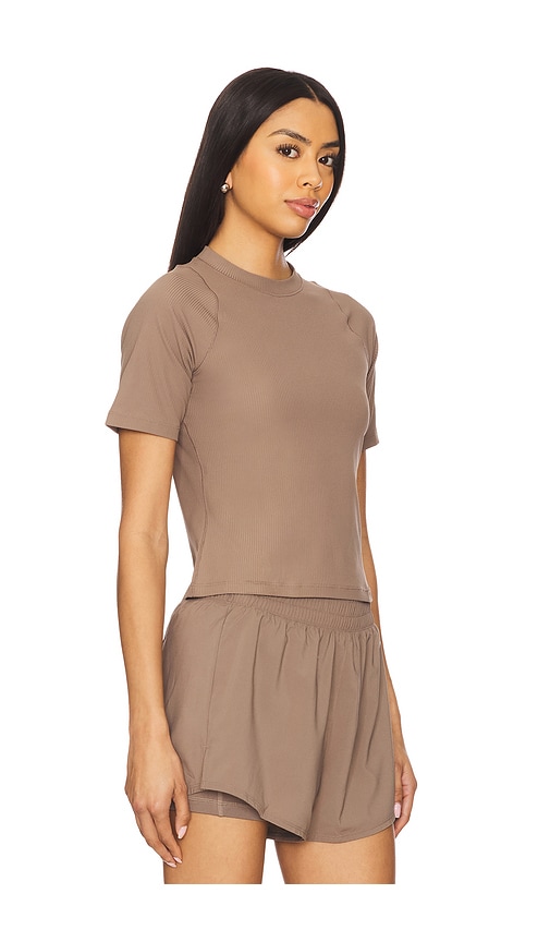 Nike Dri-fit Wide Ribbed Short Sleeve Top In Mink Brown & White