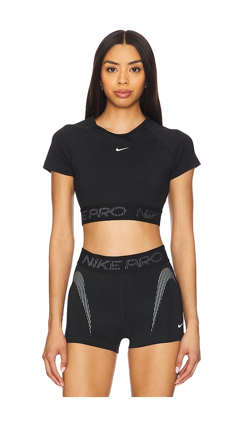 Nike Dri-fit Cropped Graphic Short Sleeve Top In Black  Cool Grey  & White