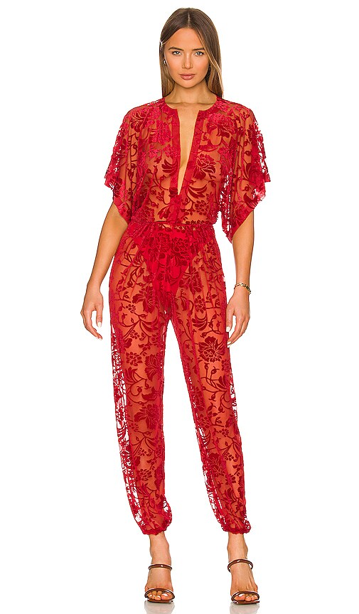 Norma Kamali x REVOLVE Rectangle Jog Jumpsuit in Dark Red Floral REVOLVE