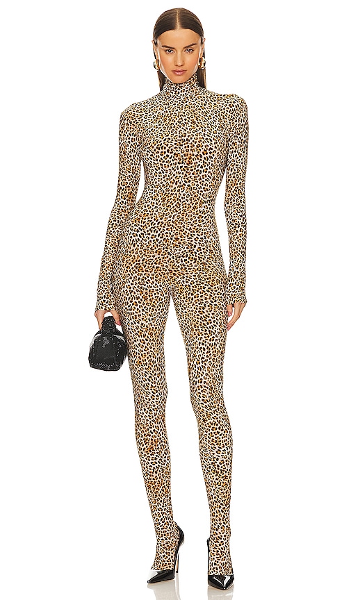 Norma Kamali Slim Fit Turtle Catsuit With Footsie in Bb Leopard