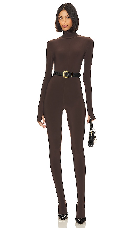 Norma Kamali Slim Fit Turtle Catsuit With Footsie in Chocolate | REVOLVE