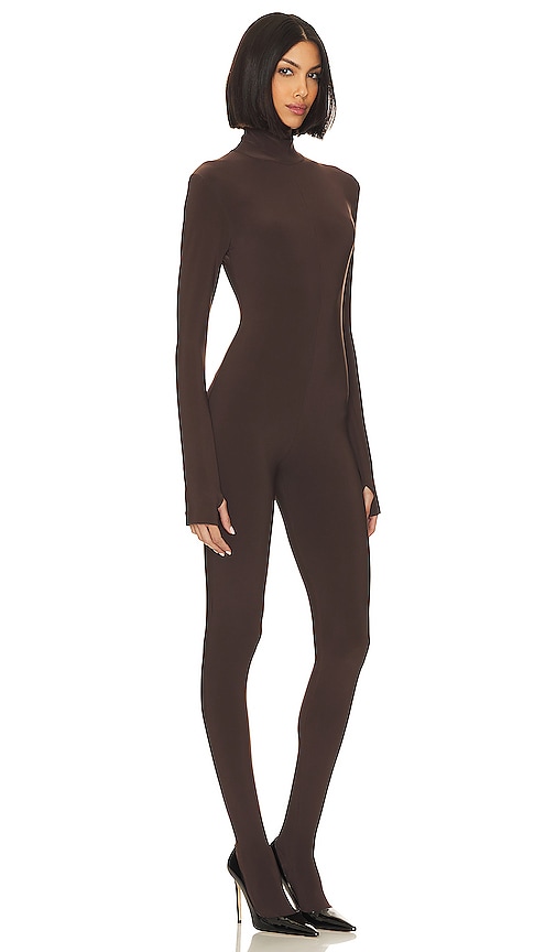 Shop Norma Kamali Slim Fit Turtle Catsuit With Footsie In Chocolate