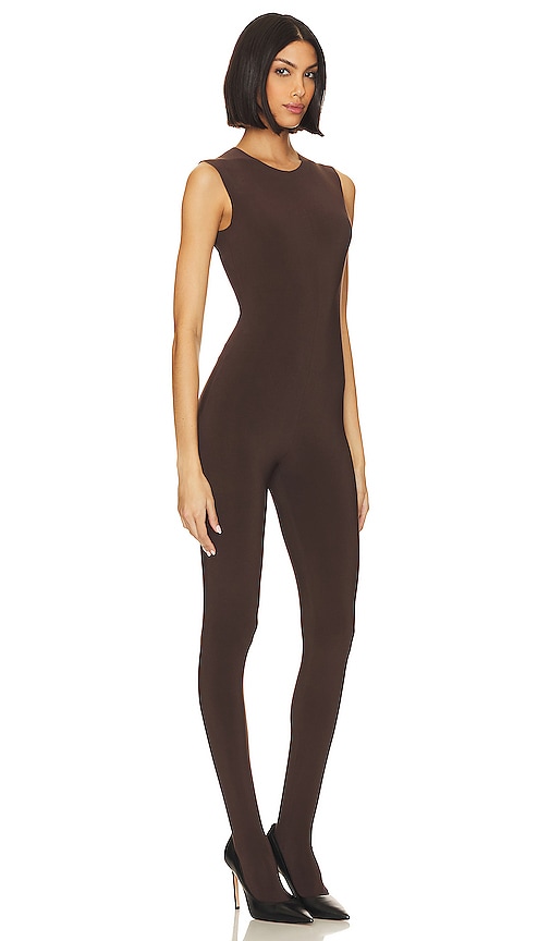 Shop Norma Kamali Sleeveless Catsuit With Footsie In Chocolate