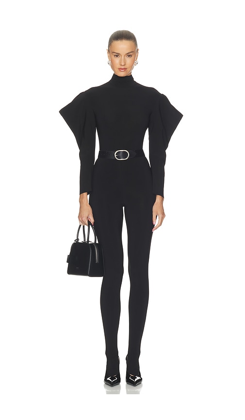 Norma Kamali Wing Sleeve Open Back Bow Neck Catsuit in Black. Size XS. Also in S, M, L.
