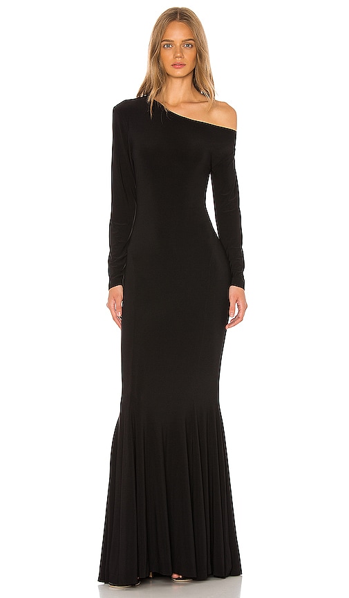 Norma Kamali Long Sleeve Drop Shoulder Fishtail Gown in Black | REVOLVE