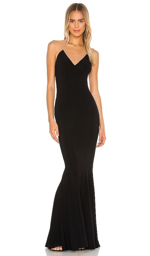 Norma Kamali Racer Fishtail Gown in Black & Nude Mesh | REVOLVE