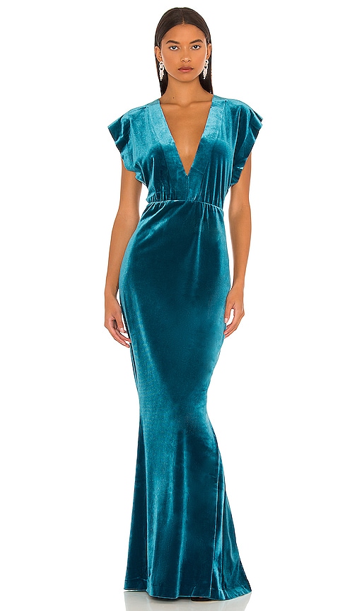 Norma Kamali V Neck Rectangle Gown in Teal | REVOLVE