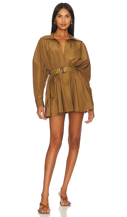 Shop Norma Kamali Oversized Shirt Flared Mini Dress In Tan