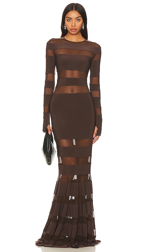 Norma Kamali Spliced Dress Fishtail Gown In Chocolate Mesh
