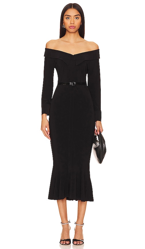 Norma Kamali Off Shoulder Fishtail Midi Dress in Black REVOLVE